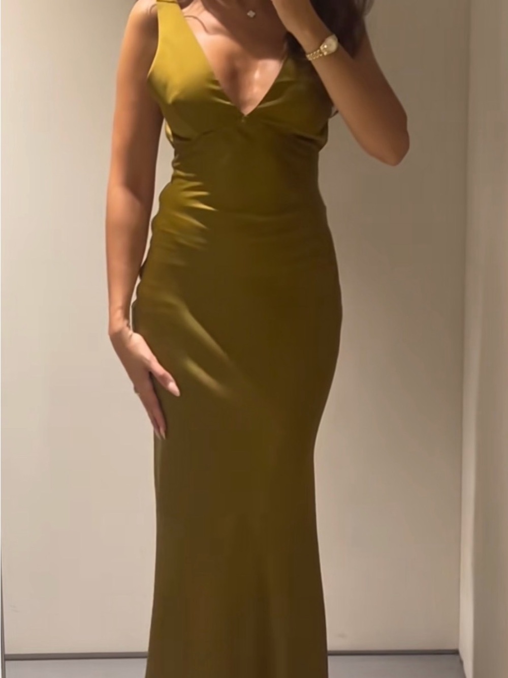 Zara Olive Green Satin V-Neck Open back Maxi/Midi Dress